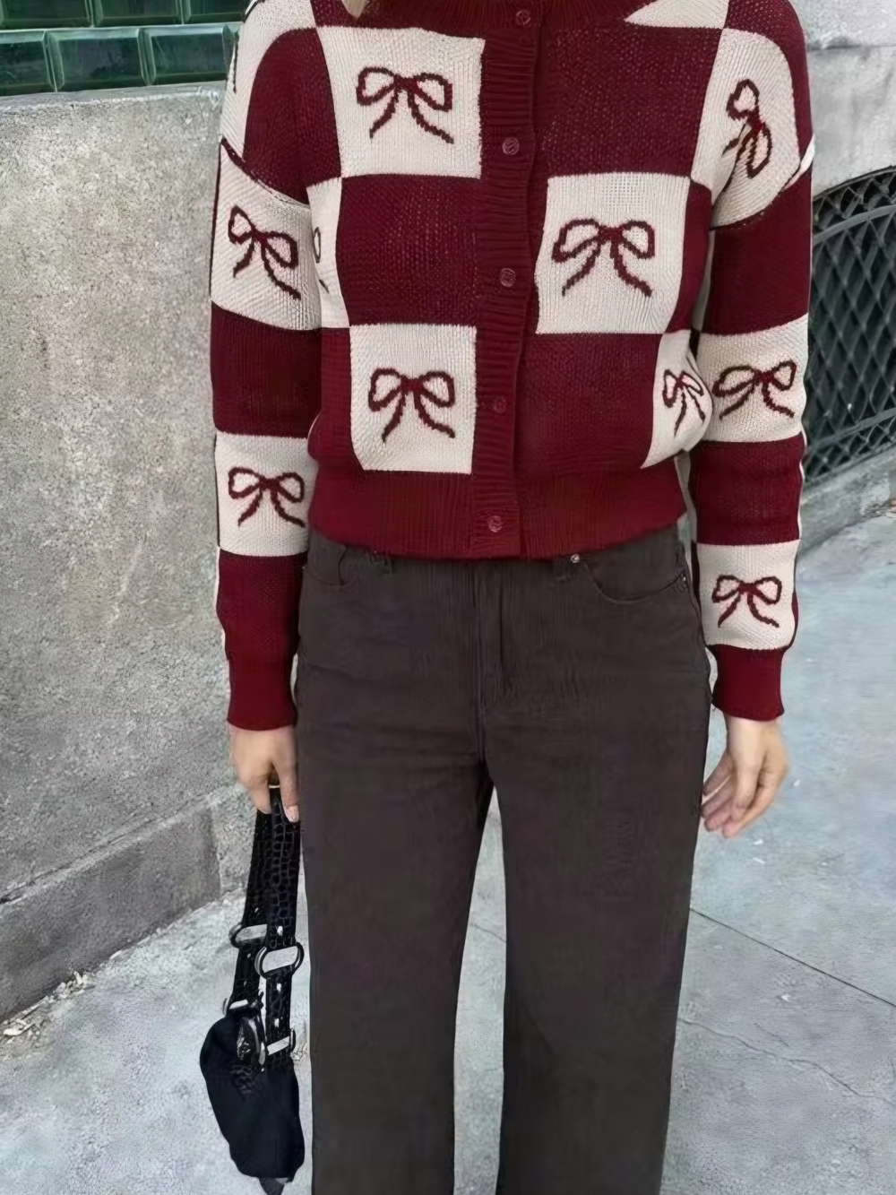 Forever 21 Burgundy and Cream Bow-Print Knit Cardigan